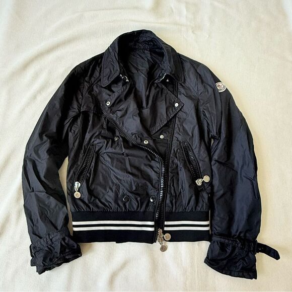 Moncler Womens Jacket Moto Black Biker Longsleeve Zip Pockets 1